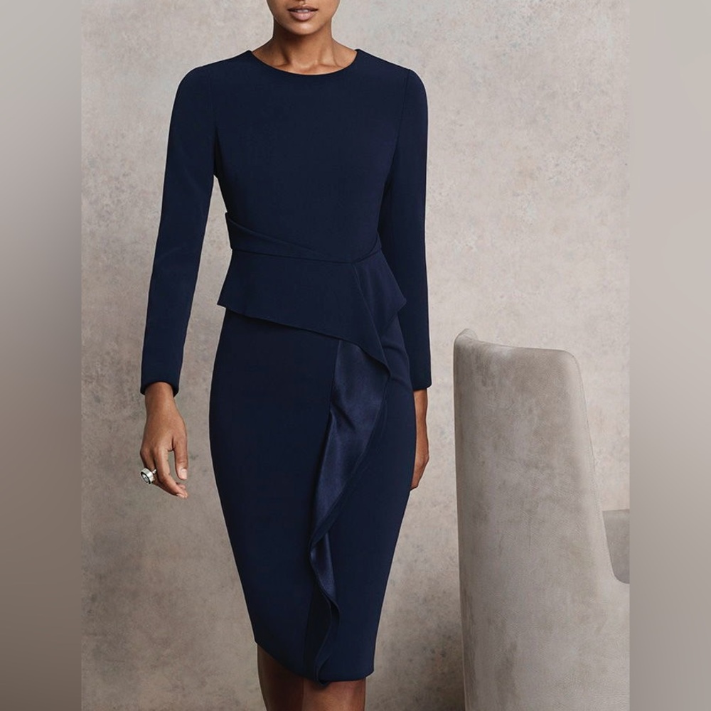 THE FOLD London Langbourne Navy Midi Dress Ruffle Front | US 10